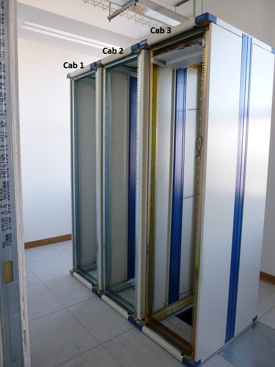 Three cabinets positioned, labelled, and ready for the kit