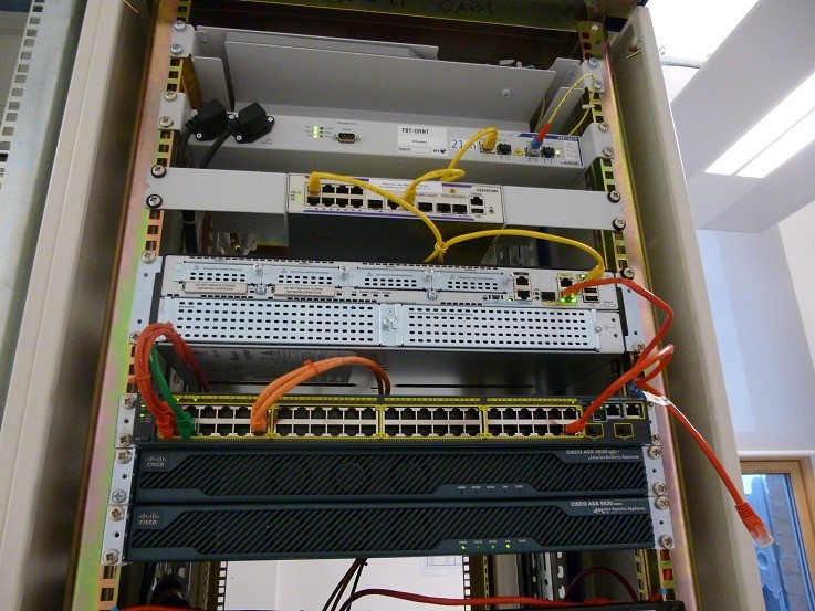 Network rack: BT 21CN NTE, Cisco switches, and a pair of ASA firewalls