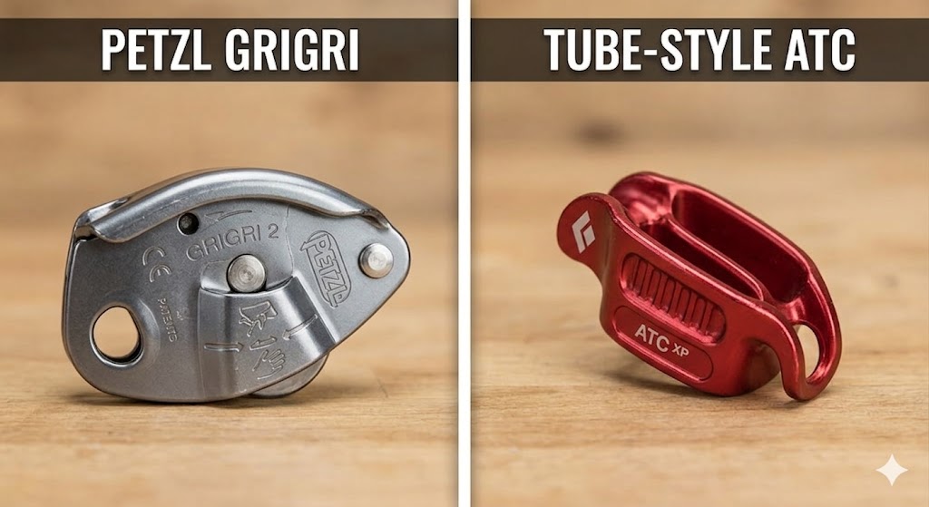 The two belay devices in the conversation: a Petzl GriGri (left) and a tube-style ATC (right). Image generated by Gemini.